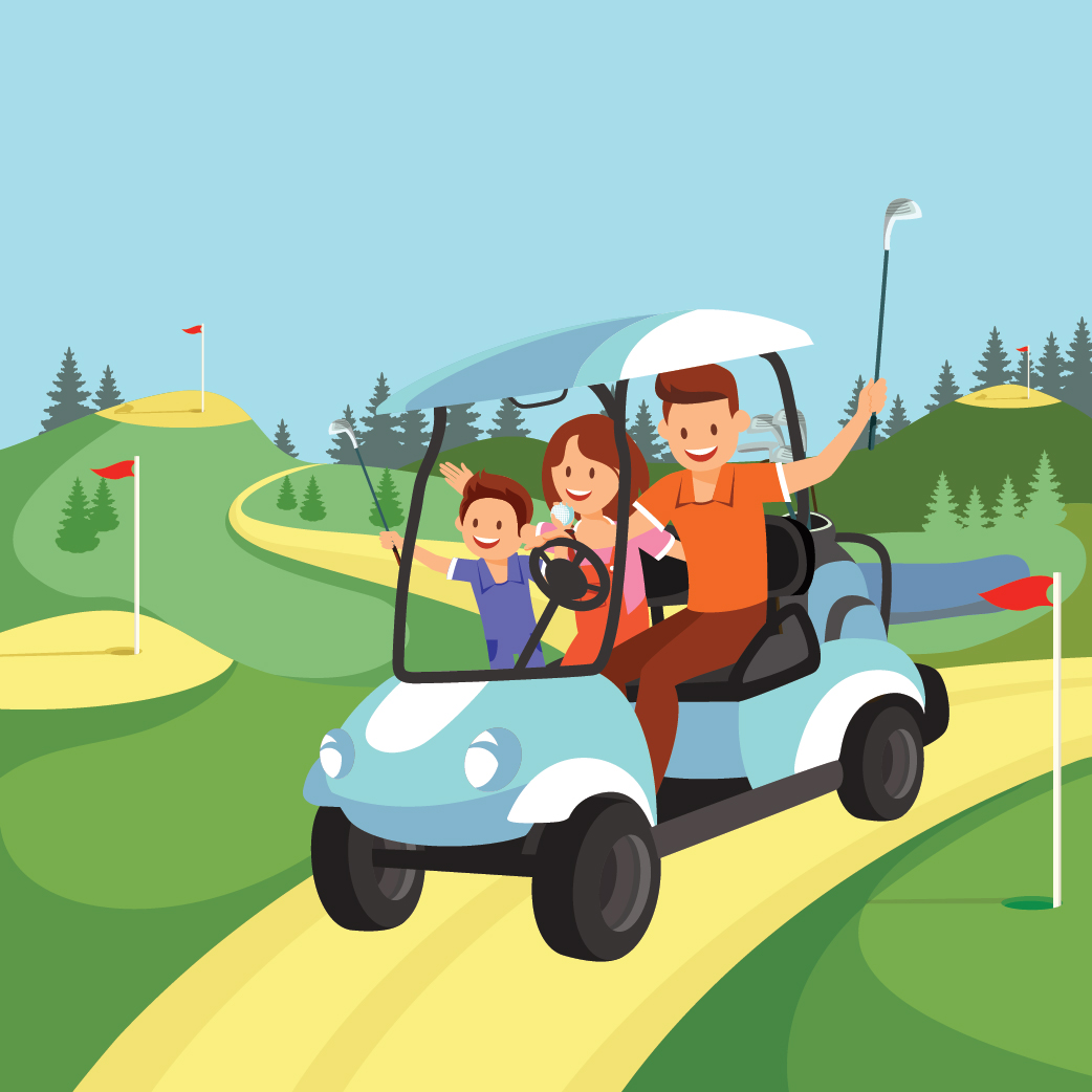 Happy family riding in a golf cart.